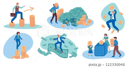 Finance success. Money banknotes heaps. Cash coins rain. Safe for family savings. Business startup. Rich businessman. Economy wealth. Banking investment. Financial vector concepts set Finance success. Money banknotes heaps. Cash coins rain. Safe for family savings. Business startup. Rich businessman. Economy wealth. Banking investment. Financial vector concepts set 122330048