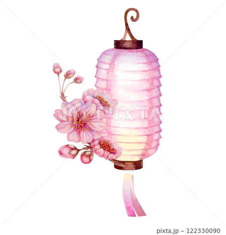 Paper lantern, cherry blossom for celebrating the Japanese Hanami festival isolated on a white background. Beautiful light and gradient of lilac-pink-yellow color. Watercolor template Paper lantern, cherry blossom for celebrating the Japanese Hanami festival isolated on a white background. Beautiful light and gradient of lilac-pink-yellow color. Watercolor template 122330090
