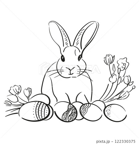 Easter bunny and eggs, line drawing. Easter illustration with a bunny. Vector sketch of rabbit in black line isolated from the background 122330375