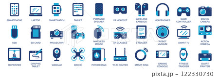Tech gadgets icon set in flat duotone solid icons web design. Pack pictograms with smartphone, laptop, smartwatch, tablet, portable speaker, vr headset, wireless earbuds, other. Vector illustration. 122330730