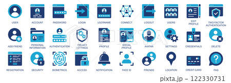 User account icon set in flat duotone solid icons web design. Pack pictograms with password, login, username, connect, edit, profile, two factor authentication, add friend, other. Vector illustration. 122330731