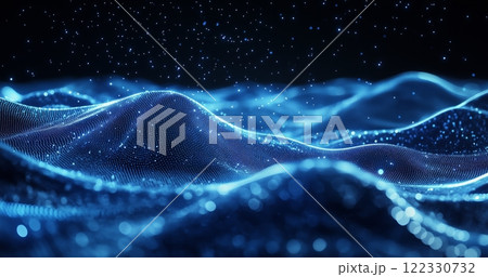 Waves of blue light and shimmering particles create a mesmerizing atmosphere in a dark environment 122330732