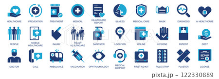 Healthcare icon set in flat duotone solid icons web design. Pack pictograms with prevention, treatment, medical report, illness, care, mask, diagnosis, injury, sanitizer, other. Vector illustration. 122330889