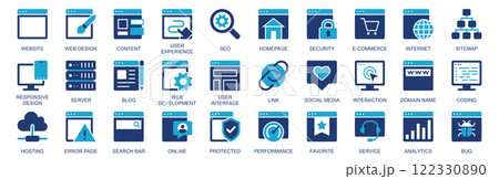 Website icon set in flat duotone solid icons web design. Pack pictograms with content, user experience, seo, homepage, security, ecommerce, internet, server, blog, link, other. Vector illustration. 122330890