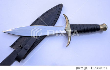 Dagger Hunting Knife with Leather Sheath Isolated, White Background 122330934