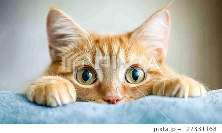 Curious ginger cat peeking over a surface Curious ginger cat peeking over a surface 122331168
