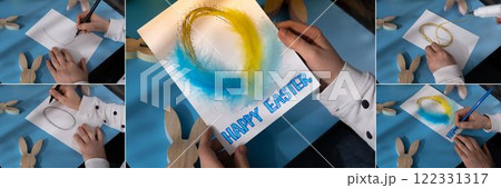 Collage of EASTER egg made of rope and feathers Sustainable preparation Diy process of making handmade greeting cards. Step by step activity for children. Inclusive and responsible stress relief 122331317