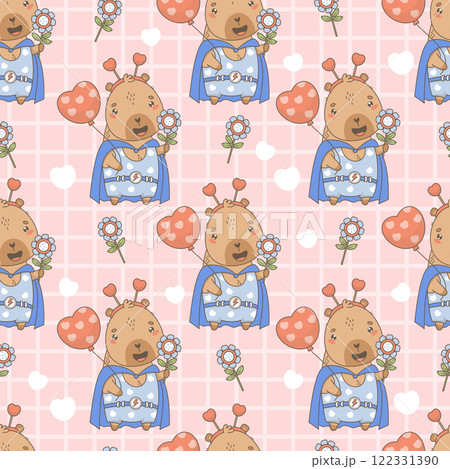 Seamless Pattern Superhero Capybara with balloon heart and flower on checkered Pink Background. Vector illustration. Romantic valentine template 122331390