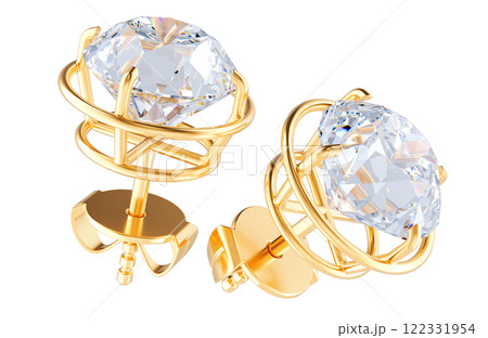 Golden stud earrings with diamonds, 3D rendering 122331954