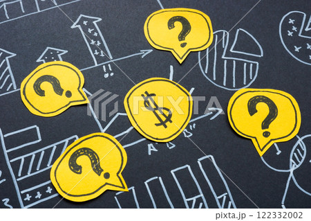 Question marks around a dollar. Financial investments and economic uncertainty. 122332002