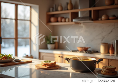 Cozy winter kitchen with steaming soup and natural light design. AI generation 122332126