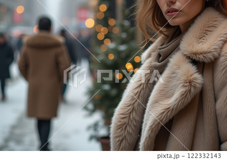 Winter fashion stroll in scenic urban snowfall with christmas decor. AI generation 122332143