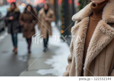 Elegant winter fashion on a snowy city street. AI generation 122332144
