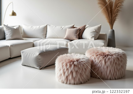 Cozy minimalist living room with plush ottoman and fluffy stools for modern home decor. AI generation 122332197