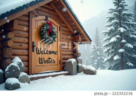 Cozy winter cabin with decorated wreath amidst snowy landscape for seasonal greetings. AI generation 122332216