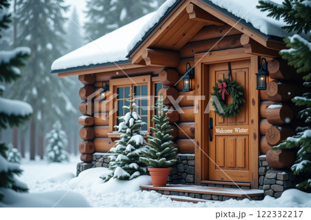 Cozy winter cabin in snowy forest with festive decor and wreath for holiday retreat and seasonal celebration. AI generation Cozy winter cabin in snowy forest with festive decor and wreath for holiday retreat and seasonal celebration. AI generation 122332217