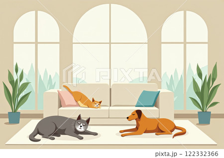Cozy indoor living room with relaxed cats and dog in modern style design. AI generation 122332366