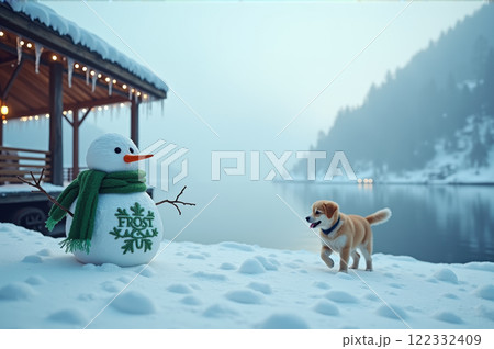Winter wonderland with snowman and puppy by a lake at sunset. AI generation Winter wonderland with snowman and puppy by a lake at sunset. AI generation 122332409