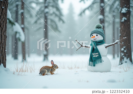 Winter wonderland scene with snowman and rabbit in snowy forest. AI generation Winter wonderland scene with snowman and rabbit in snowy forest. AI generation 122332410