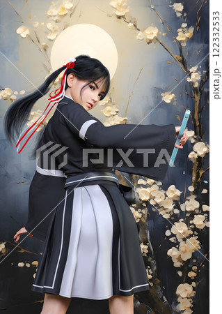 桜と月を背景にツインテールの美少女侍が振り向く 桜と月を背景にツインテールの美少女侍が振り向く 122332533
