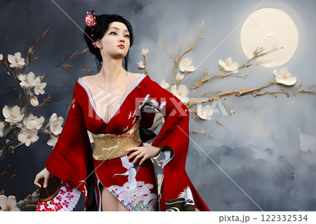桜と月を背景に扇子を手に持つ日本髪の妖艶な赤い着物の女性のイラスト