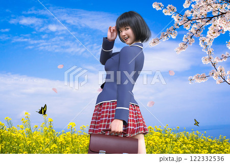 春を感じる通学途中に振り向いて微笑む女子高校生 春を感じる通学途中に振り向いて微笑む女子高校生 122332536