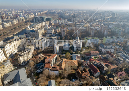 Aerial drone view over Bucharest downtown cityscape, Romania. 122332648