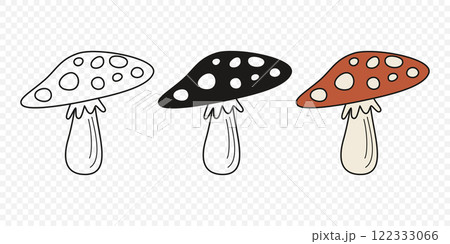 Flat Vector Hand Drawn Cartoon Fly Agaric Mushrooms Outline Illustration. Amanita Muscaria, Fly Agaric Illustration, Mushrooms. Magic Mushroom Icons, Design Template 122333066