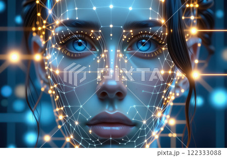 Futuristic digital portrait of young caucasian female with neural network overlay. AI generation 122333088
