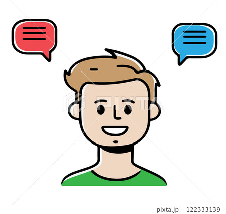 Conversation bubble graphics with smiling person engaging in dialogue Conversation bubble graphics with smiling person engaging in dialogue 122333139