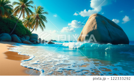 Tropical beach with a large coastal boulder. AI generation 122333292