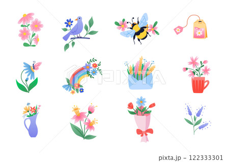 Set of spring elements with flowers, plants and insects Set of spring elements with flowers, plants and insects 122333301