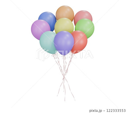 Party celebration balloons. Multicolored balloons bunch. 3d rendering. Applicable for birthday holiday design. 122333553