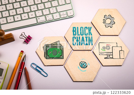 Block Chain Concept. Stationery on a white office desk Block Chain Concept. Stationery on a white office desk 122333620