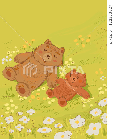 A peaceful vertical postcard illustration of a mother bear and baby bear relaxing on a field of spring flowers, enjoying warm rays of sun. A heartwarming family scene, perfect for nature and wildlife A peaceful vertical postcard illustration of a mother bear and baby bear relaxing on a field of spring flowers, enjoying warm rays of sun. A heartwarming family scene, perfect for nature and wildlife 122333627