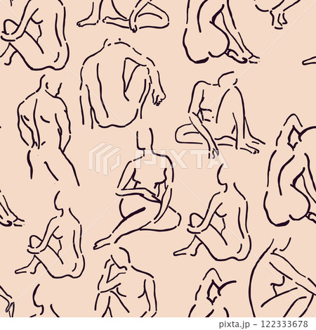Seamless pattern featuring sketchy silhouettes of men and women in a Renaissance-inspired outline style on a beige background. Ideal for artistic projects, wallpapers, and fashion or decor designs 122333678
