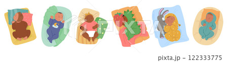 Sweet newborn baby characters sleeping feeling calm lying in comfortable bed cradle isolated set Sweet newborn baby characters sleeping feeling calm lying in comfortable bed cradle isolated set 122333775