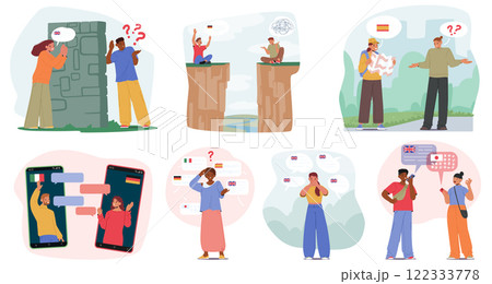 Diverse multinational people feeling communication problem and language barrier isolated scene set 122333778