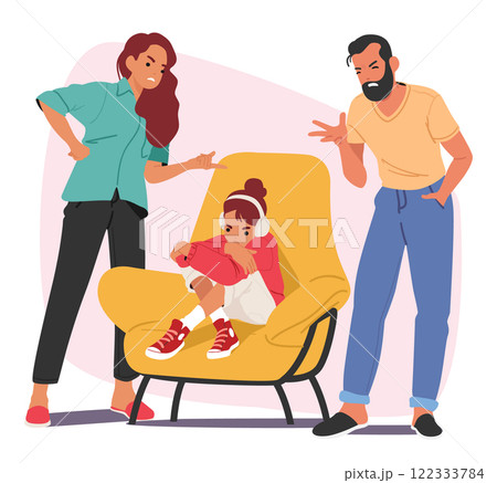 Parents scolding naughty teenage daughter due to misbehavior having problematic relationships 122333784