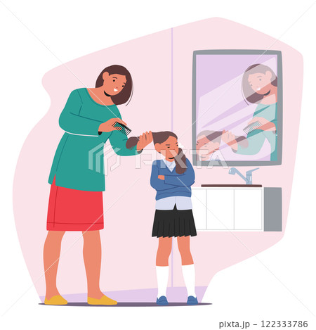 Mother combing hair of little schoolgirl daughter suffering from pediculosis dermatology problem 122333786
