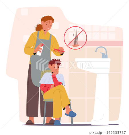 Mother taking of son applying medicated shampoo from pediculosis to get rid of lice parasite 122333787