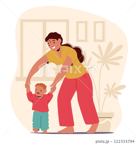 Mother teaching infant son kid to make first steps enjoying happy family time together at home 122333794