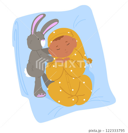 Sleeping newborn wearing cute nightdress lying in bed with favorite bunny toy vector illustration 122333795