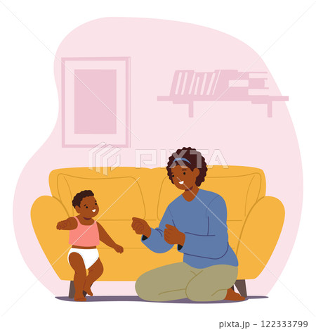Happy mother enjoying parenting looking on first steps of her toddler son vector illustration Happy mother enjoying parenting looking on first steps of her toddler son vector illustration 122333799