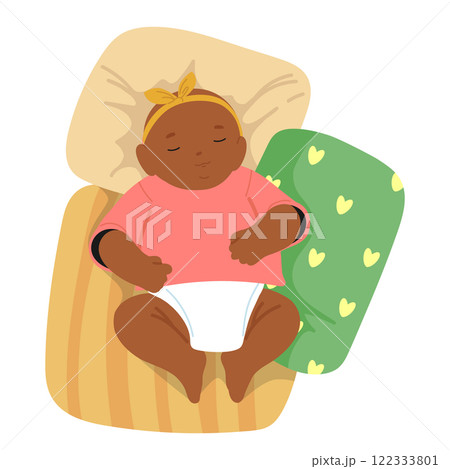 Pretty newborn girl kid sleeping in bed with pillows enjoying night napping and sweet dreams 122333801