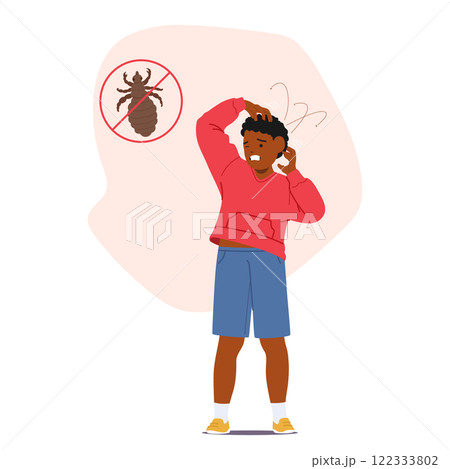 Unhappy schoolboy child scratching hair scalp having pediculosis problem lice parasitic infestation 122333802