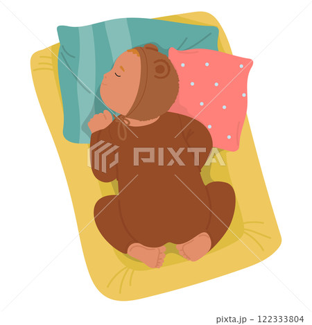 Cute lovely little newborn baby sleeping enjoying sweet dreams lying in bed vector illustration Cute lovely little newborn baby sleeping enjoying sweet dreams lying in bed vector illustration 122333804