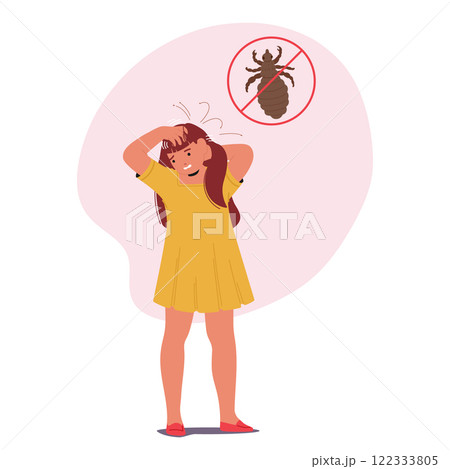 Little pretty girl child cartoon character scratching head suffering from pediculosis contamination Little pretty girl child cartoon character scratching head suffering from pediculosis contamination 122333805