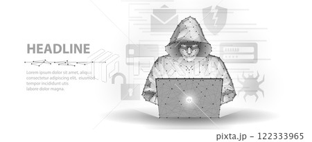 Hacker. Cyber criminal with laptop and related icons behind it. Cyber crime, hacker activity, ddos attack, digital system security, fraud money 122333965