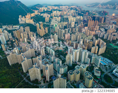 Aerial view of high rise apartment in Hong Kong 122334085